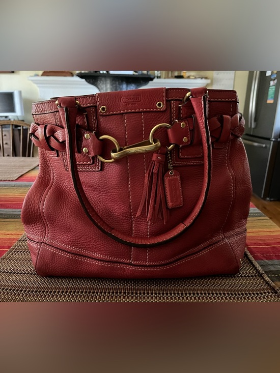 Coach Handbags - Vintage Coach Coral Red Pebbled Leather Satchel with Brass Bridle Hardware